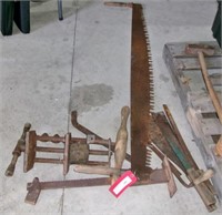 65" cross cut saw, drill, corn knife, vise & more