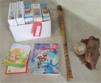 puzzles, books, H&B bat, mit & ball