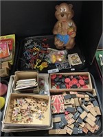 Plastic Bear Bank, Dominoes, Checkers, Puzzles.