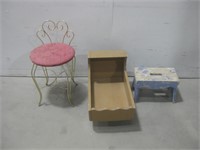 Vanity Chair, Stool & Doll Cradle See Info