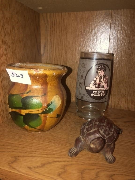 Pepsi glass, turtle, pottery