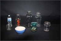 glass jars w/bails, Forgey's milk bottle & bowl