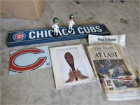 36" Cubs sign, bobble heads, MJ book