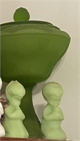 Fenton boy and girl satin uranium glass & vase