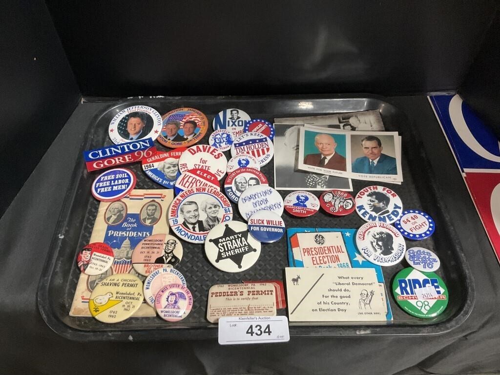 Political Pins Badges Clinton, Kennedy, Nixon.