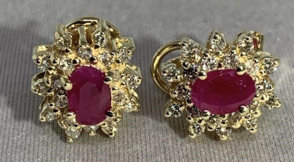 14KT YELLOW GOLD 1.20CT RUBY & .52CT DIAMOND EARR.