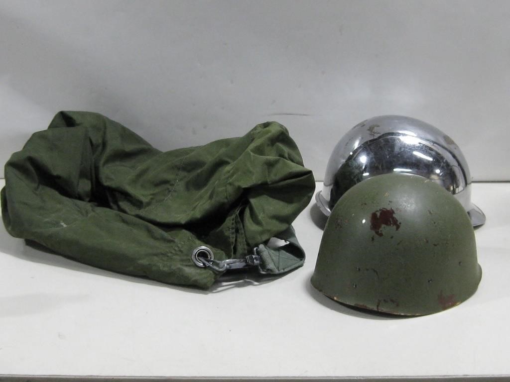 WWII Chrome Helmet W/Liner & Bag See Info