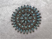 ZUNI CHEAMA STERLING TURQUOISE NEEDLEPOINT BROOCH
