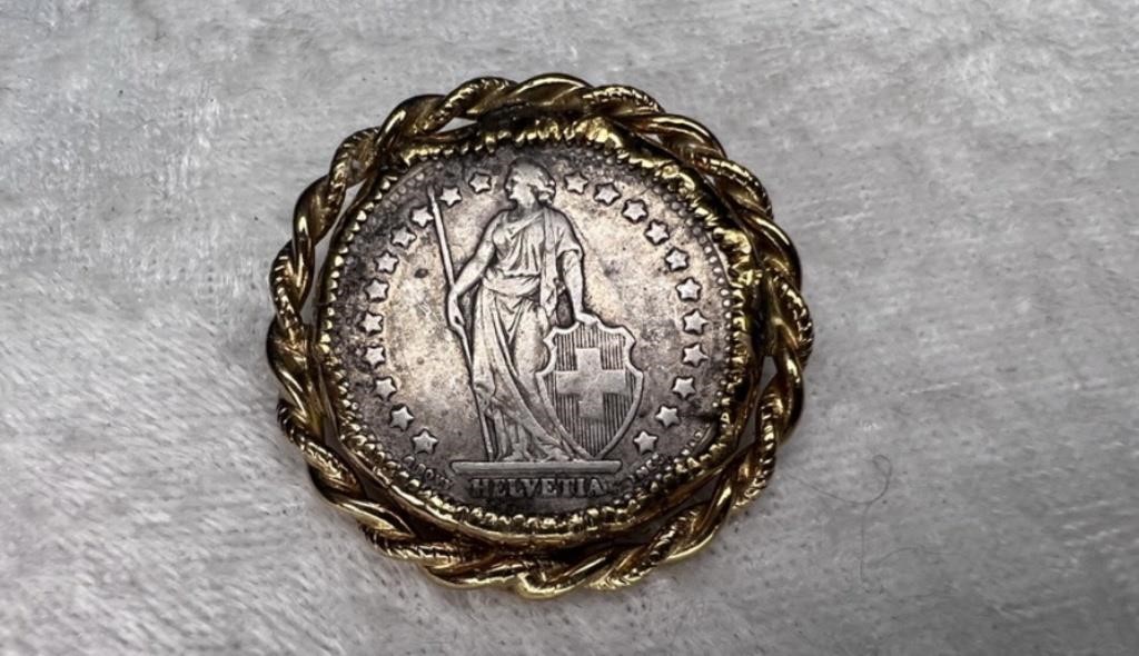 1944 FRENCH FRANC COIN 14k GOLD BEZEL BROOCH PIN