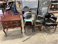 Vintage Walnut Parlor Table, Oak Chair, Stools