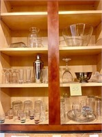 shot glasses, silver plate bowl, glass tumblers