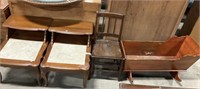 (2) Walnut Granite Top End Tables, Vintage Wooden