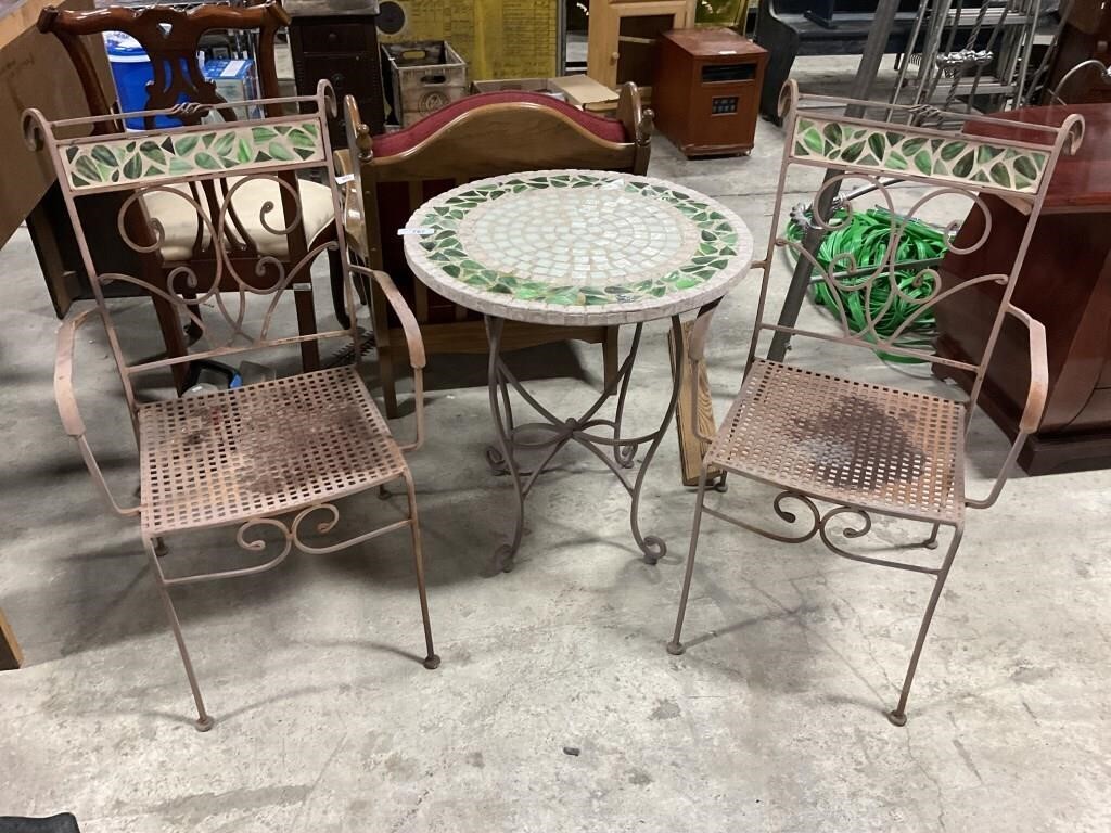 Mosaic Stained Glass Wrought Iron Table & Chairs.