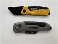 2 Pc Husky Utility Knife and DeWalt Utility Knives