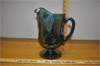 large blue carnival glass water pitcher
