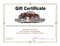 Gift Certificate - Tow (Value: $150)