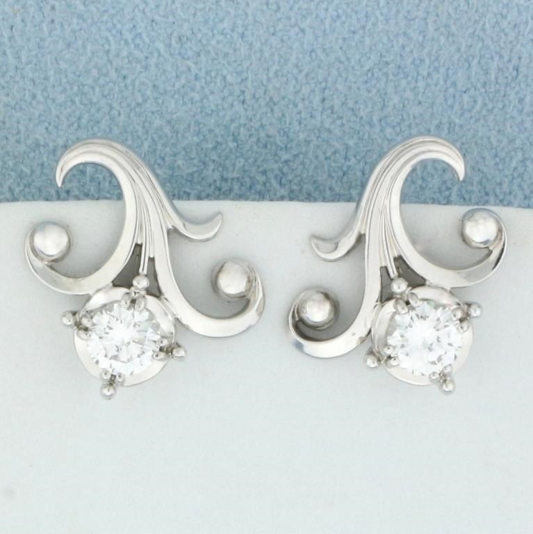 Diamond Fleur De Lis Screw Back Earrings in 18K Wh