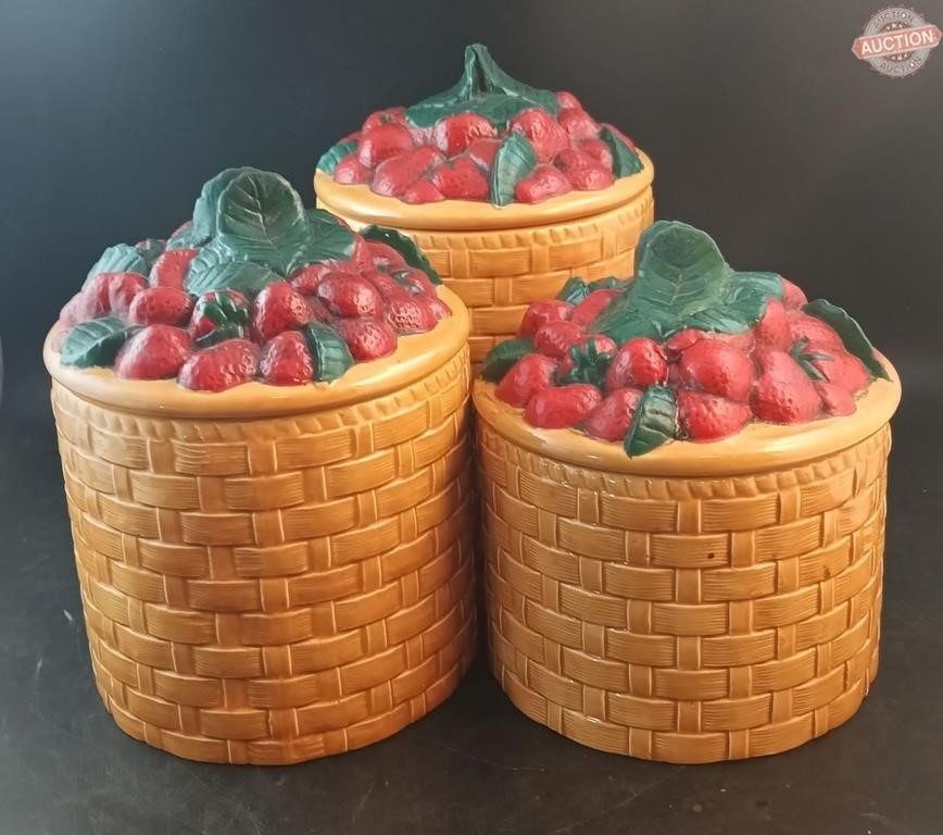 Set of 3 Artisan Ceramic Strawberry Canisters