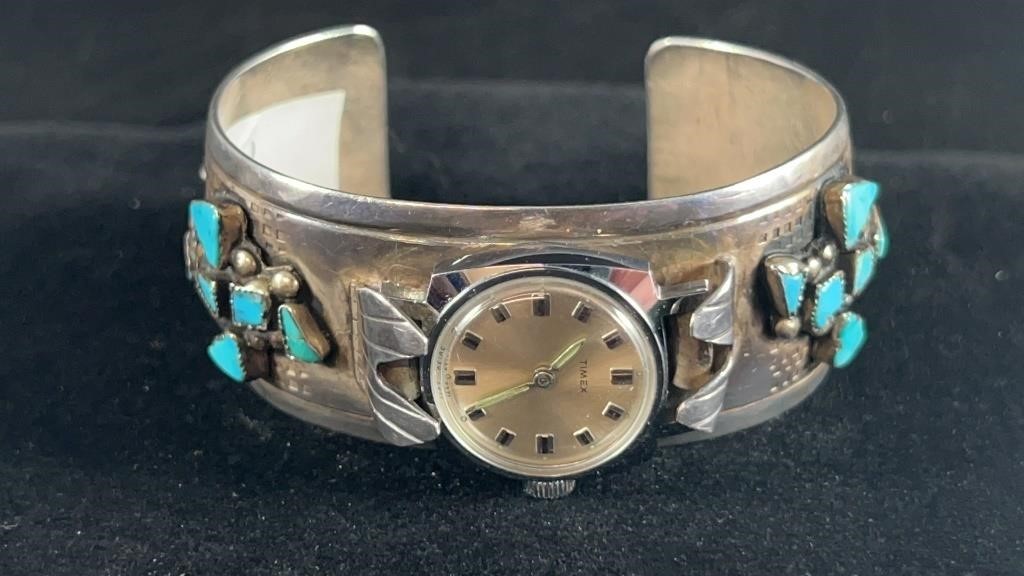 Silver & Turquoise Watch Cuff W/Timex Watch