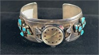 Silver & Turquoise Watch Cuff W/Timex Watch