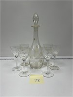 Etched Decanter w/ Stopper 6 Wine Glasses