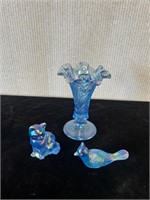 Fenton Opalescent Blue Glass: Bird, Cat, Vase