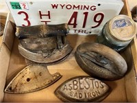 Flat Irons, Wyoming License Plate, & Atlas Jar
