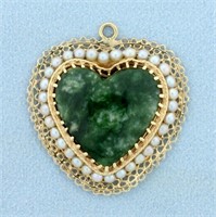 Vintage Jade and Pearl Heart Pendant in 14K Yellow