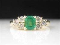 Genuine Emerald Diamond Ring 14K Yellow Gold Ring