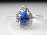 14K Gold Genuine Blue Sapphire Diamond Halo Ring