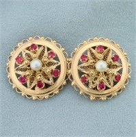 Vintage Ruby and Pearl Disc Clip On Earrings for i