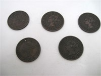 Lot of 1800s Canada One Cent Coins x5