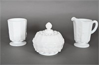 Milk Glass Covered Candy Dish, Footed Pitcher