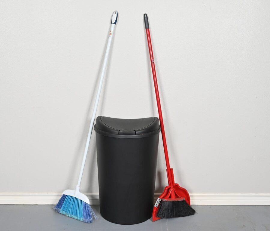 Plastic Trash Can, Brooms