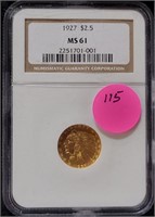 1927 INDIAN HEAD $2.50 GOLD COIN - GRADED MS61