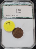 1930-S LINCOLN WHEAT CENT - BROWN, GRADED MS66