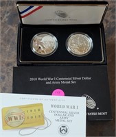 2018 WWI CENTENNIAL SILVER $1 & MEDAL SET