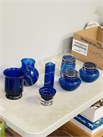 7pc blue glass canisters & vases
