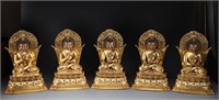 Bronze gilt five square Buddha statues of Qing
