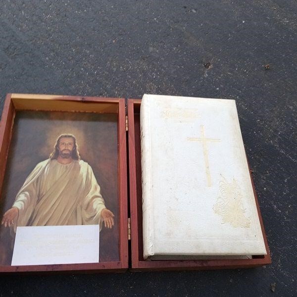 Vintage HOLY BIBLE in Wood Bible Box