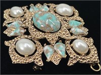 Sarah Coventry Teal Gray and Faux Pearl Brooch