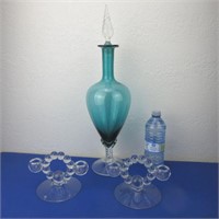 Art Glass Decanter w/ Stopper & 2 Candle Holders