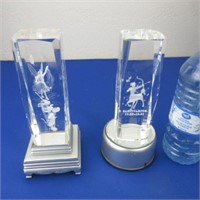 2 Crystal 3D Laser Paperweights /w Light Up Stands