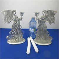 2 Large Seagull Pewter Angel Candle Holders