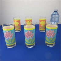 6 Floral Glass Tumblers, Aqua, Peach & Yellow