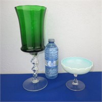 Art Glass Pedestal Vase & Uranium Glass Dish