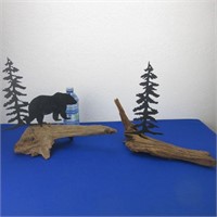 Bear & Tree Metal Silhouette On Driftwood &