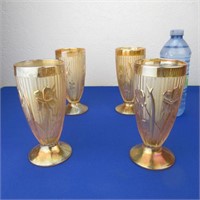4 Carnival Glass Iris & Herrringbone Glasses 6" H