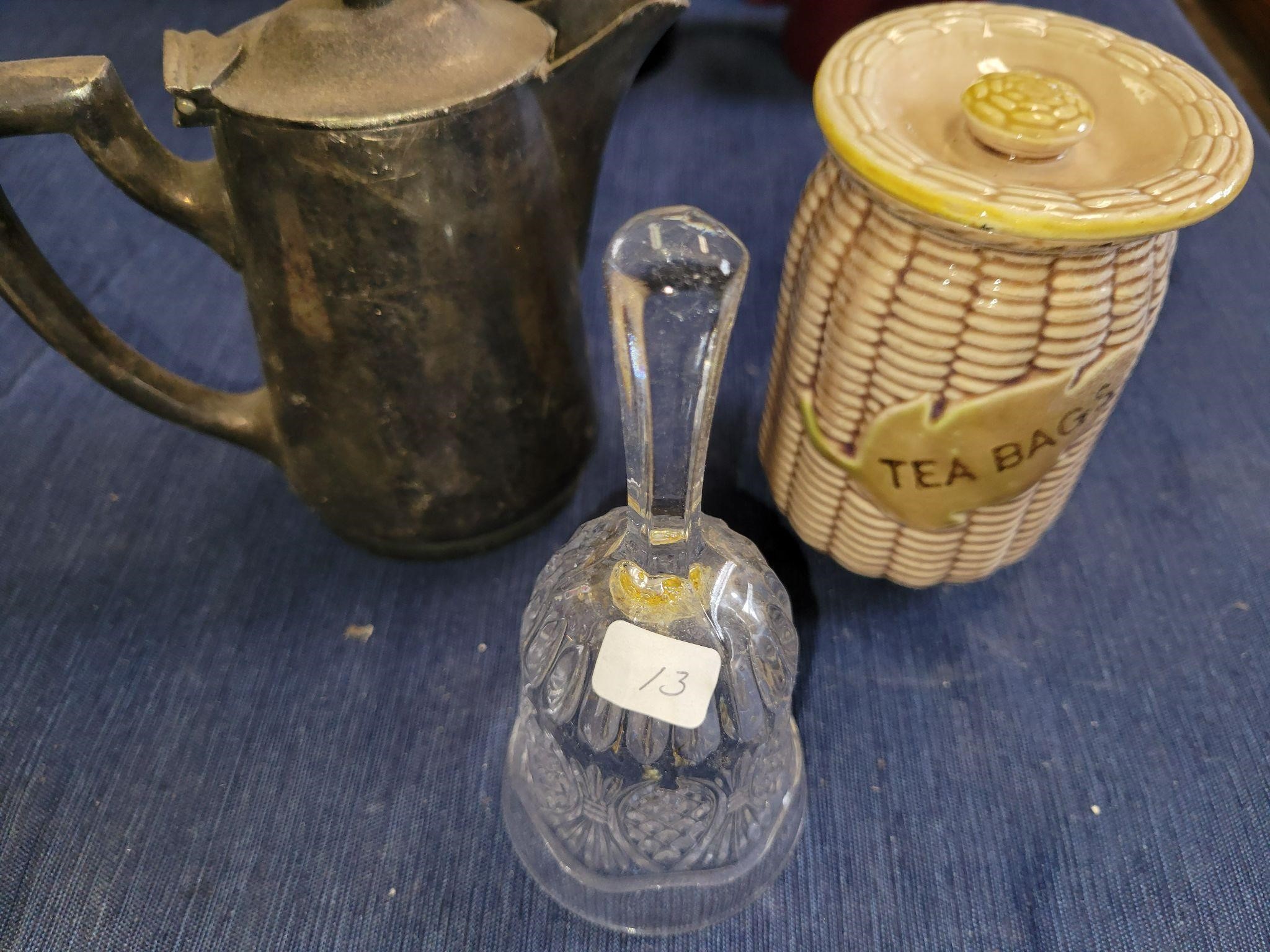 Vintage bell, tea bag canister, tea kettle