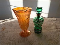 Carnival glass vase, silver overlay decanter